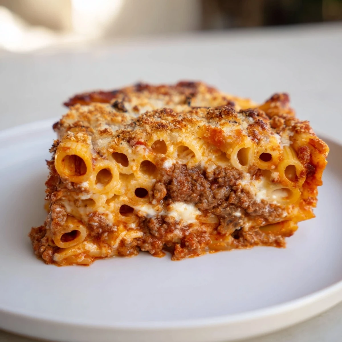 Steaming hot Baked Ziti with Meat Sauce, topped with bubbling mozzarella and a sprinkle of Parmesan.