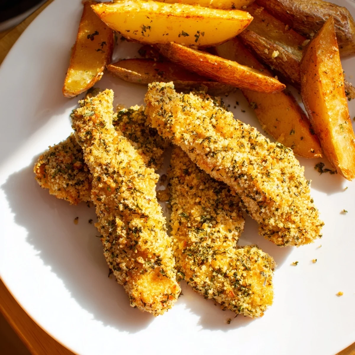 Golden-brown Herbed Chicken Tenders with crispy potato wedges, a delicious American family meal.