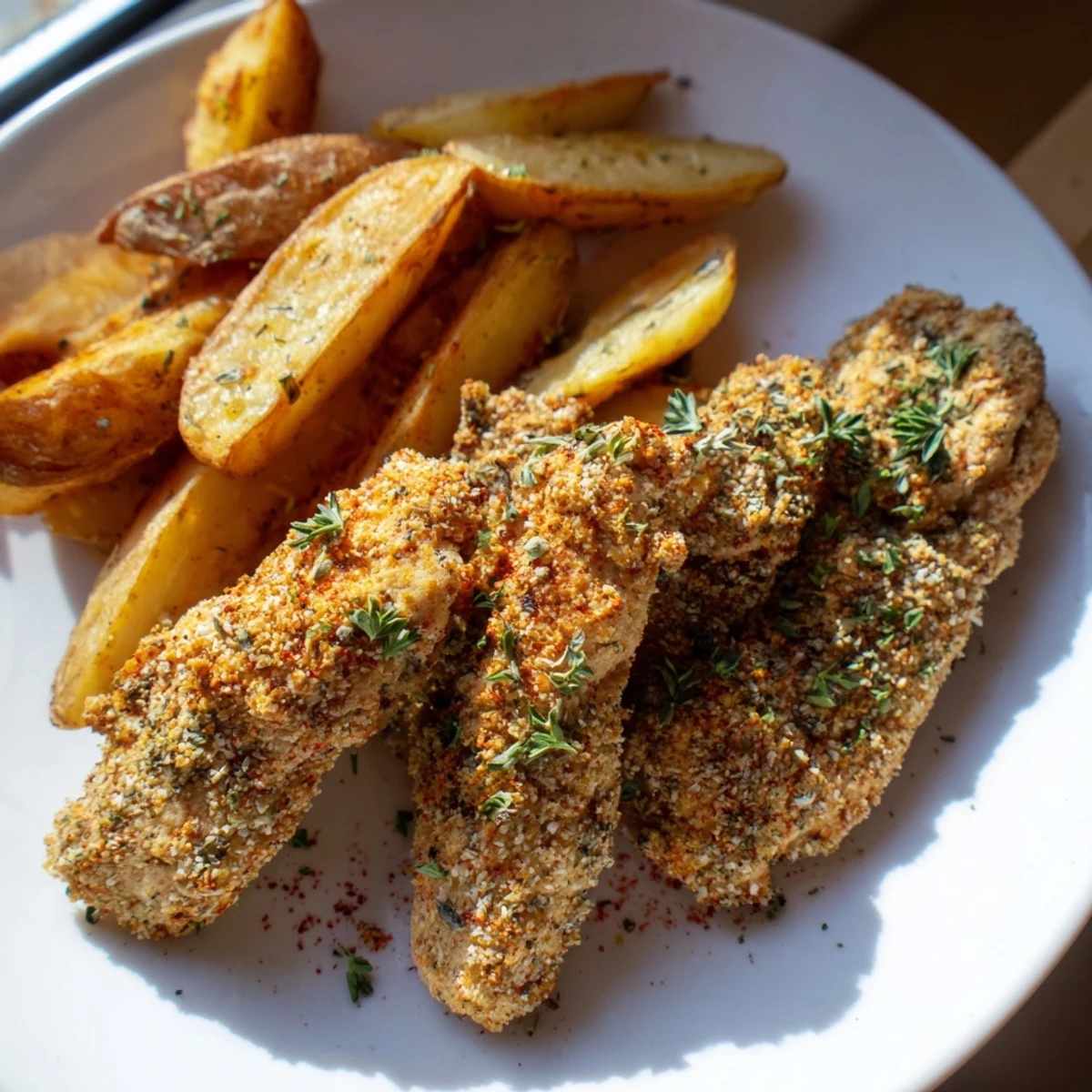 A plate of flavorful Herbed Chicken Tenders and potato wedges, garnished with fresh parsley and lemon.