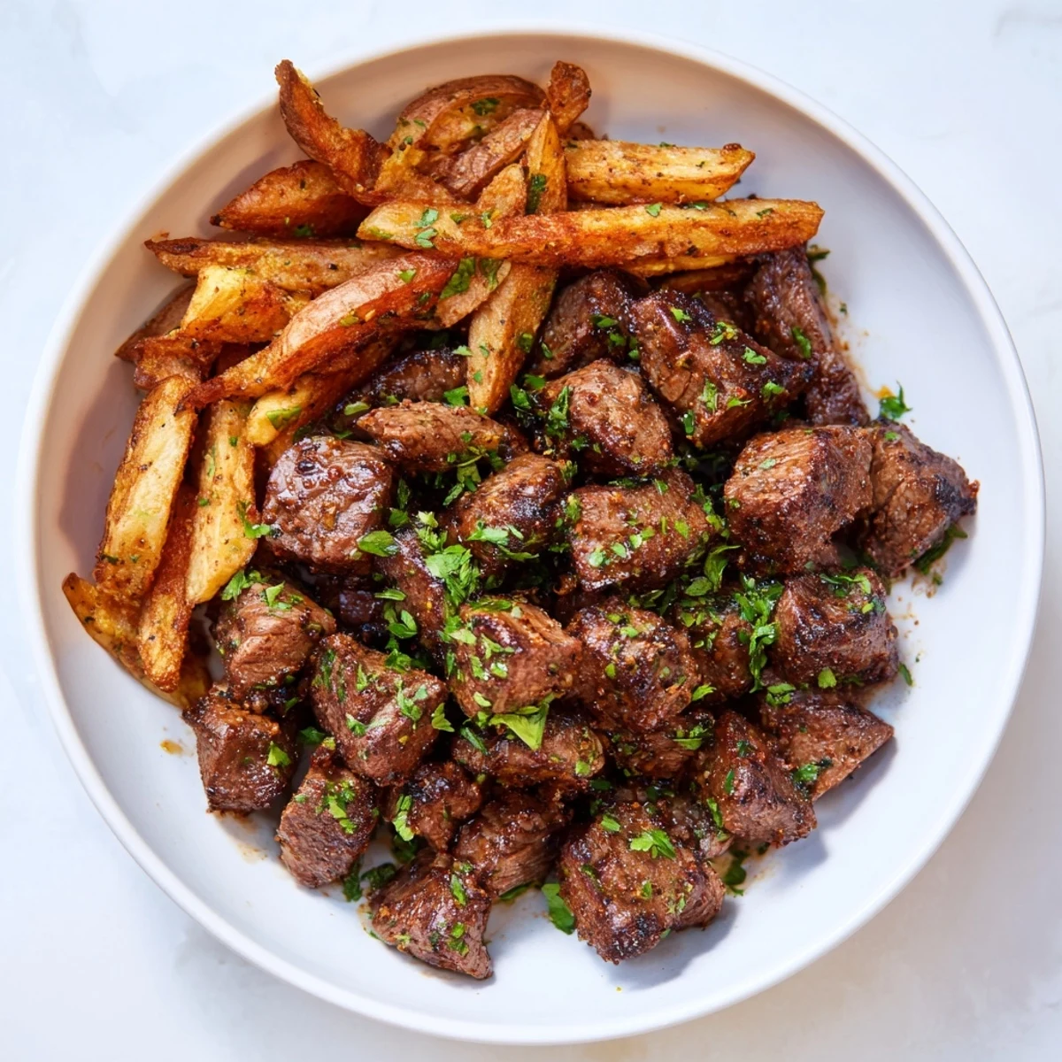 Sizzling Blackened Cajun Steak Bites with perfectly cooked fries, a delicious main course.