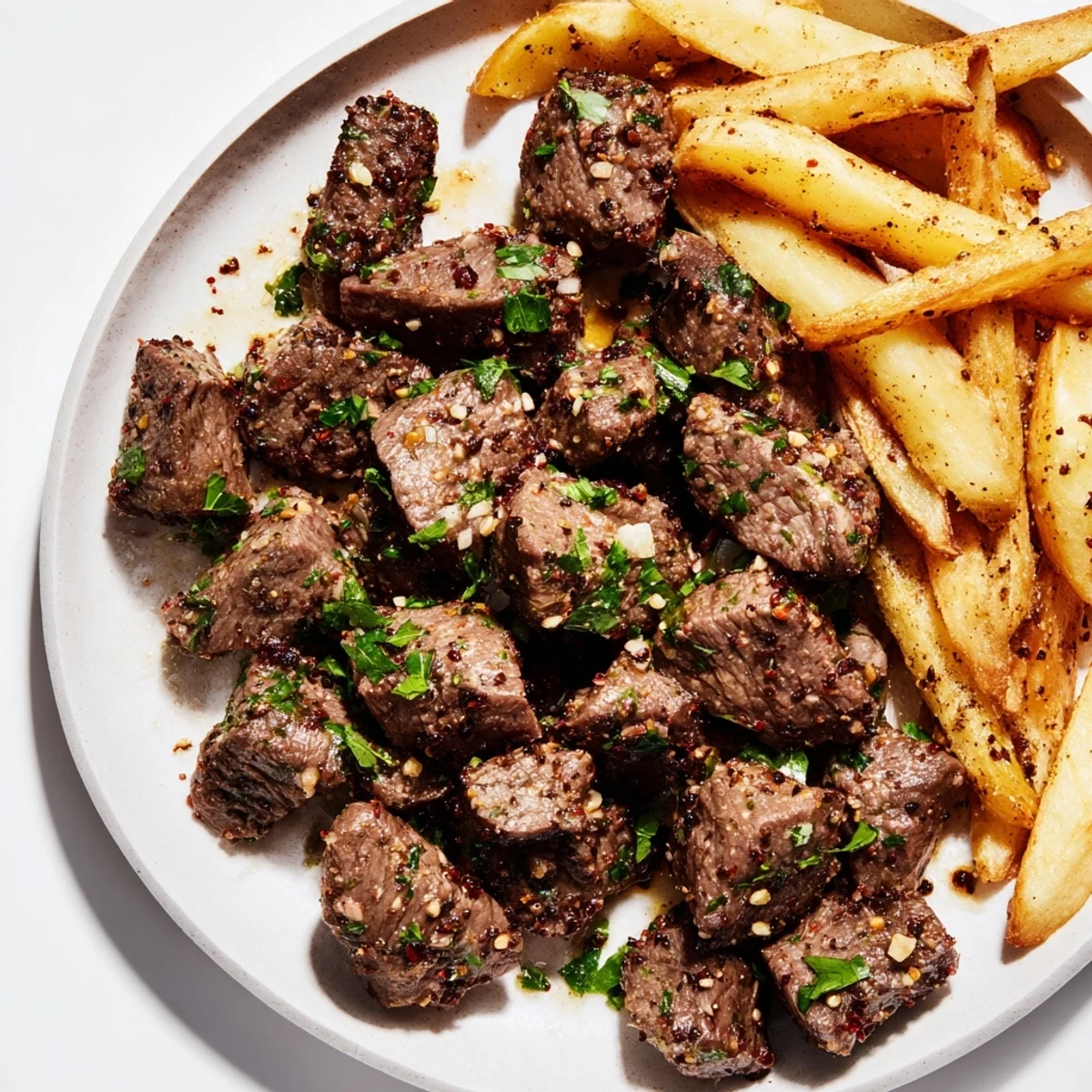 Golden-brown Blackened Cajun Steak Bites served beside a generous pile of crispy, seasoned fries.