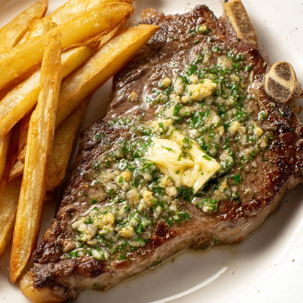A plate of flavorful Steakhouse Garlic Butter Steak & Fries; the steak is rich and delicious, prepared with fresh herbs.