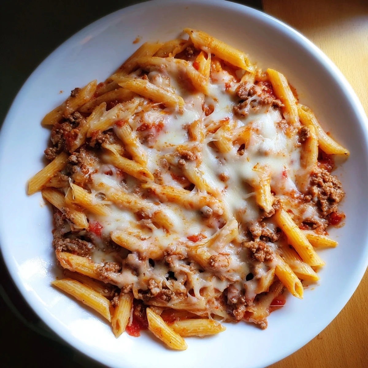 A close-up view of a baked Cheesy Beef & Penne Bake, looking warm, with a satisfying cheesy pull.