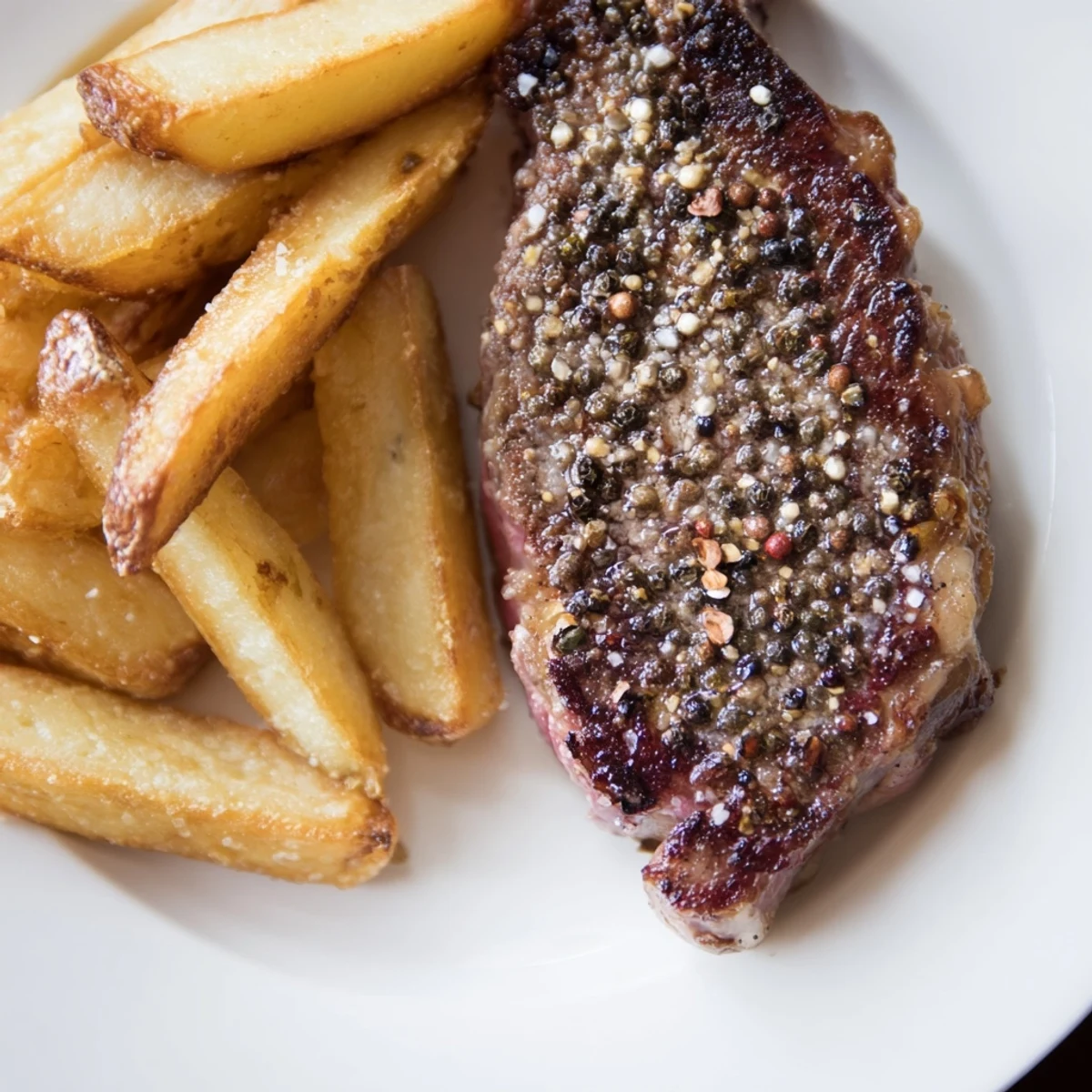 Imagine the aroma: a juicy classic peppercorn ribeye, partnered with irresistibly crisp fries, ready to eat.