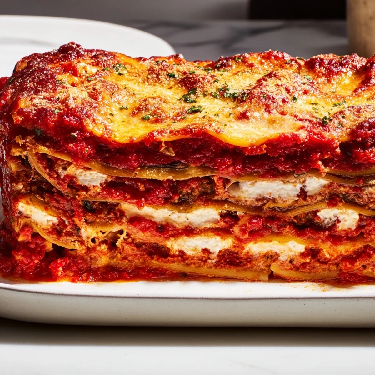 Golden on top, this Eggplant Parmesan Lasagna features layers of cheese and bubbly, rich sauce.