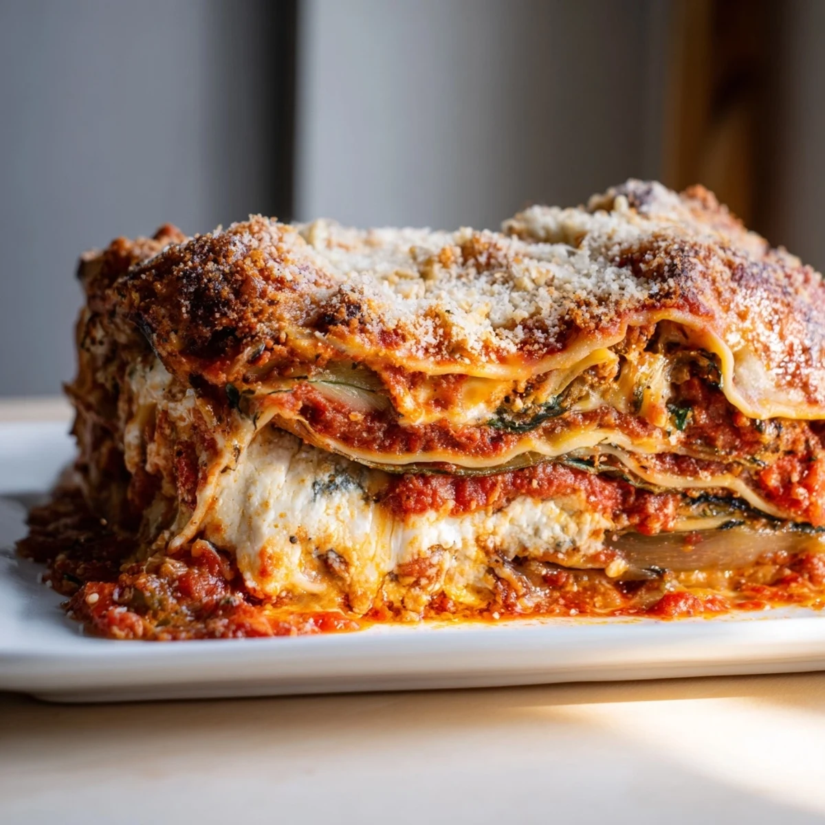 A close-up shows the hearty, cheesy layers of this homemade Eggplant Parmesan Lasagna bubbling from the oven.