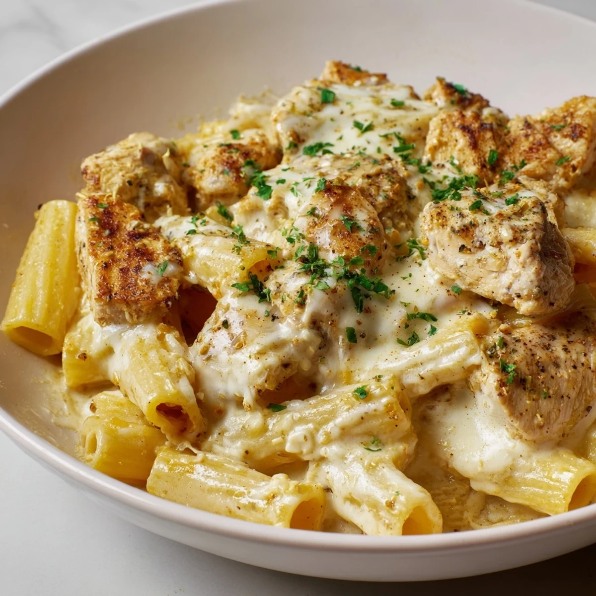 Cajun Chicken Pasta Bake, golden and bubbly, with melted cheese and a creamy sauce bubbling around pasta.