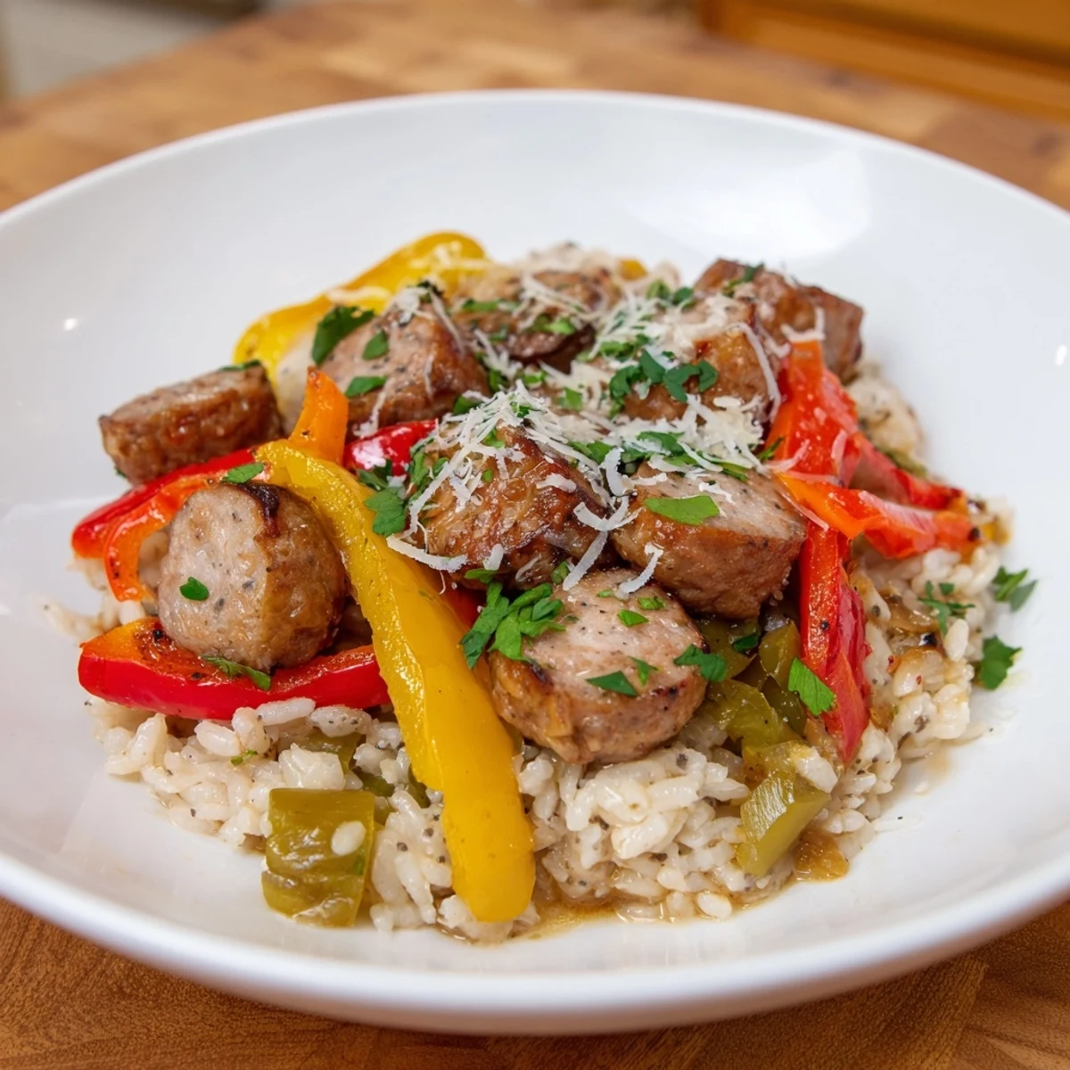 A steaming plate of Italian Sausage & Peppers Rice, seasoned perfectly and garnished with fresh parsley and Parmesan.