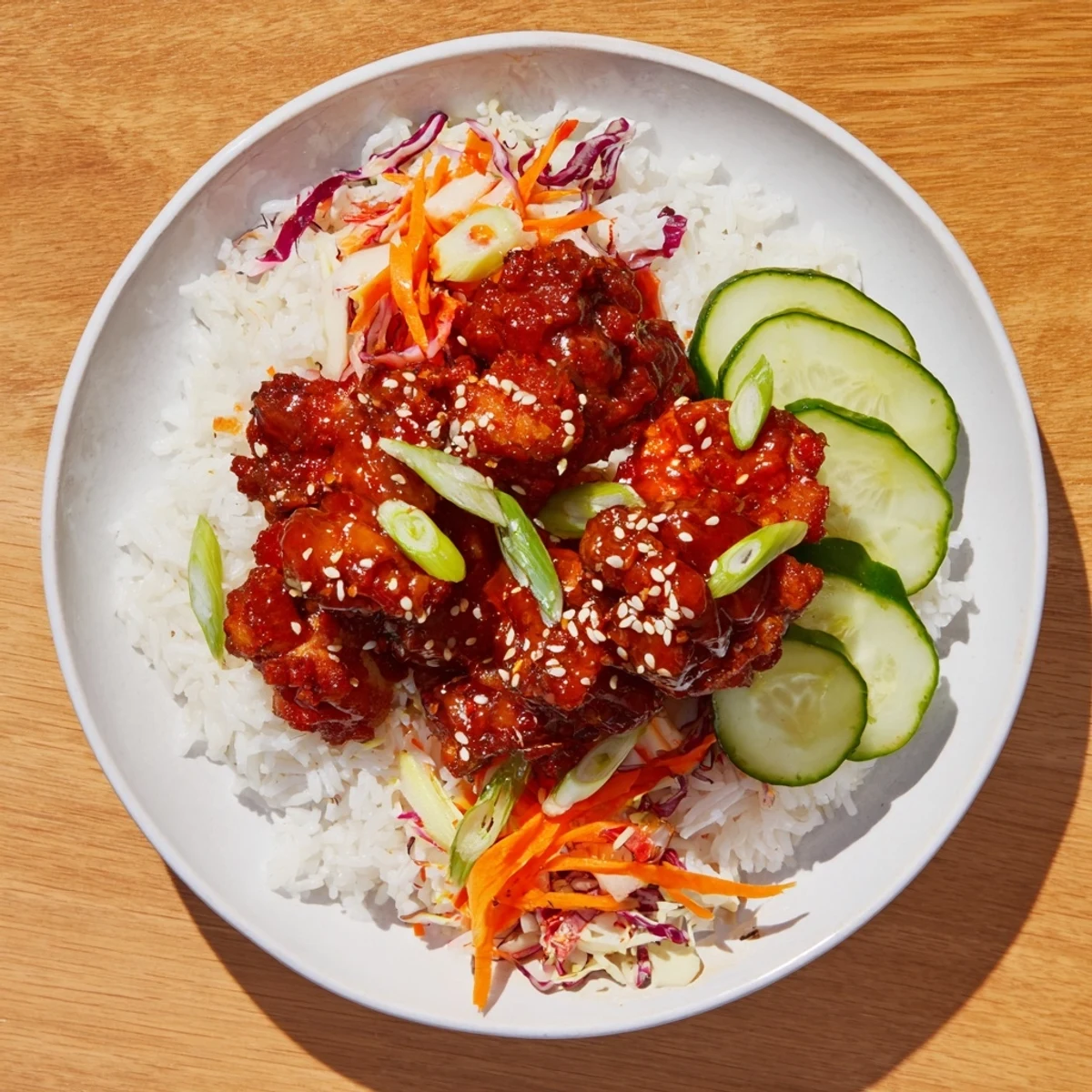 This delicious Sriracha Honey Chicken Rice Bowl features glistening chicken and colorful veggies over fluffy rice.