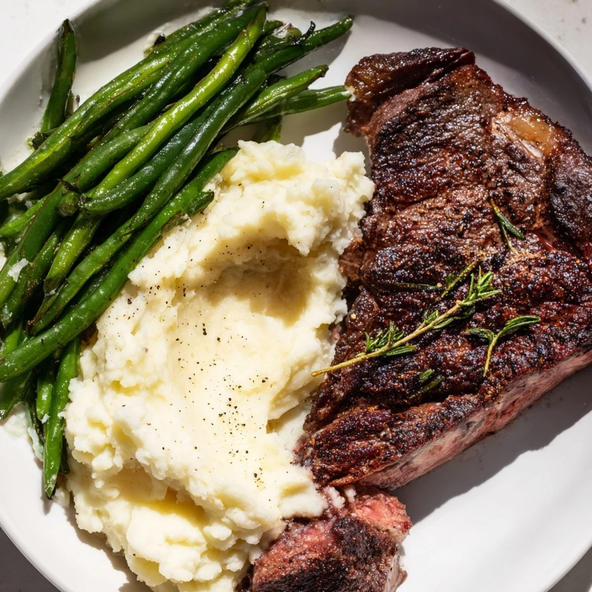 Juicy steak and garlic mash sheet pan meal, roasted green beans add delightful color to the plate.