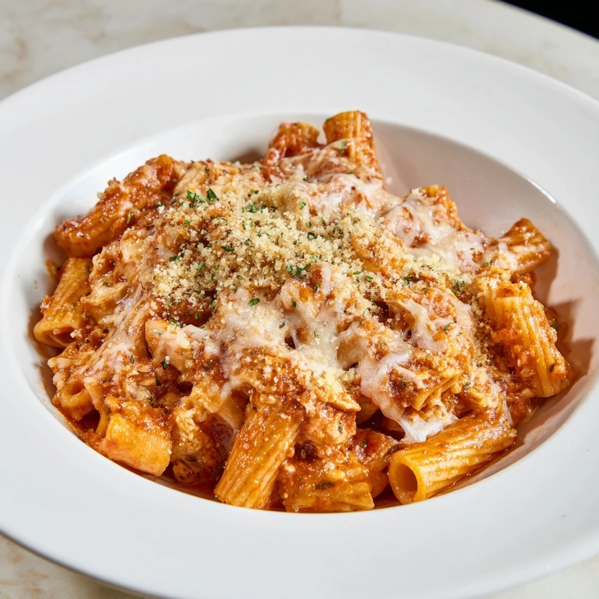 Baked Chicken Parmesan Pasta bubbling with melted cheese, ready to be served from a baking dish.
