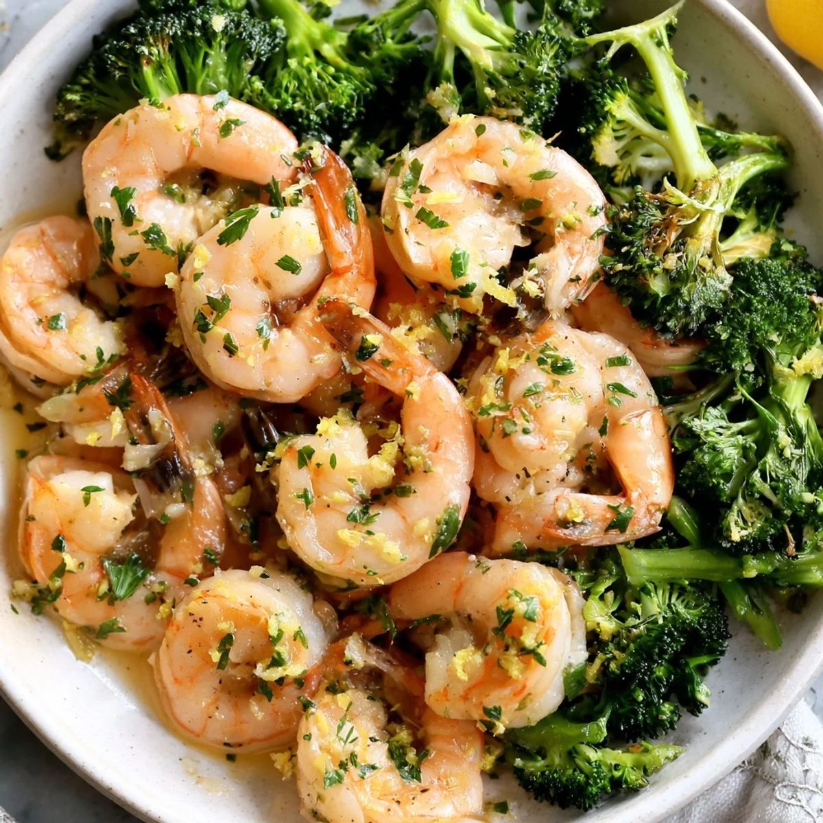 Sizzling skillet showcasing perfectly cooked Lemon Butter Shrimp & Broccoli bathed in a rich sauce.