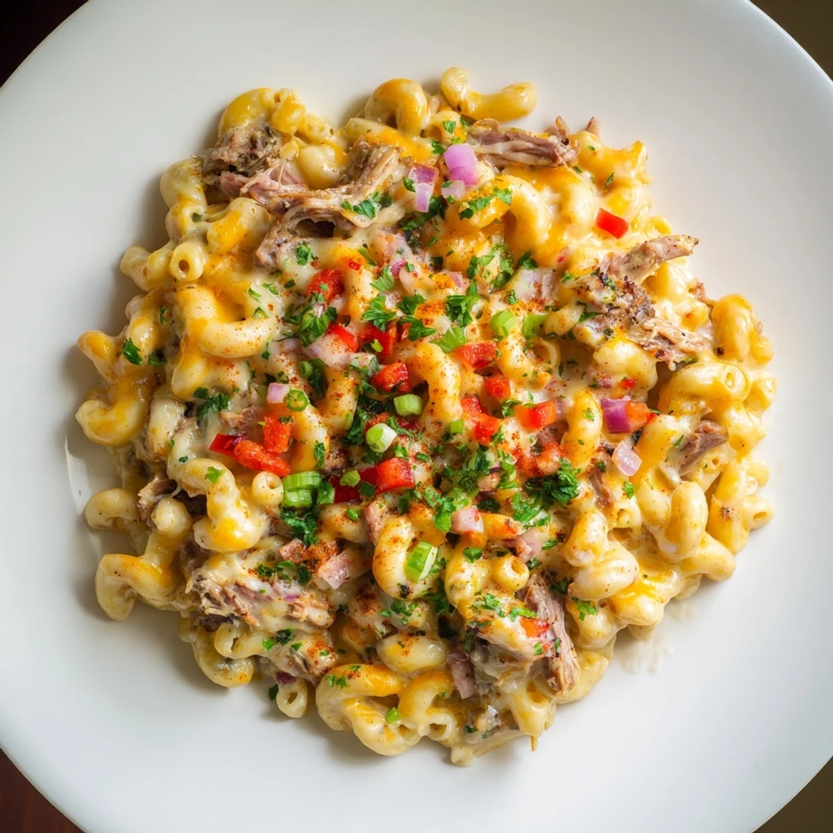 BBQ Rib Macaroni Skillet bubbling hot, cheese melted, inviting aromas of smoky BBQ and tender pork.