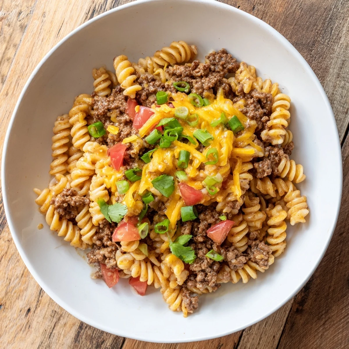 Creamy Cheesy Taco Pasta Skillet bubbling in a skillet, topped with melted cheddar and fresh cilantro.