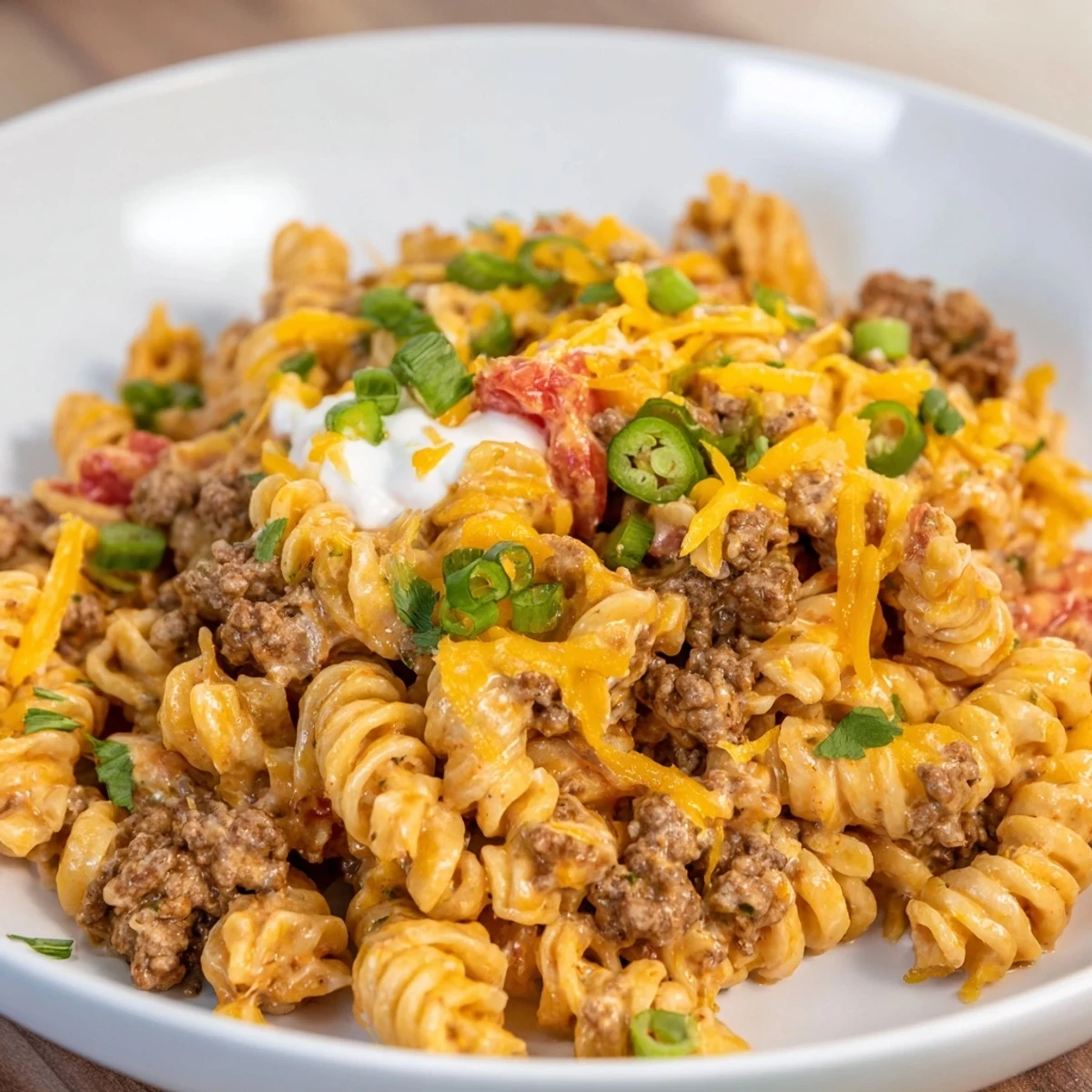 A steaming skillet of Cheesy Taco Pasta, blending ground beef, spices, and pasta with melted cheese.