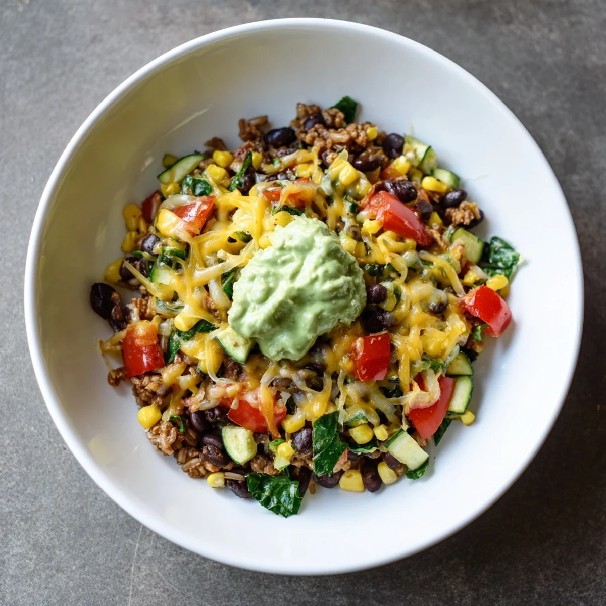 A sizzling skillet of veggie-packed taco skillet with melted cheese and fresh cilantro garnishes.