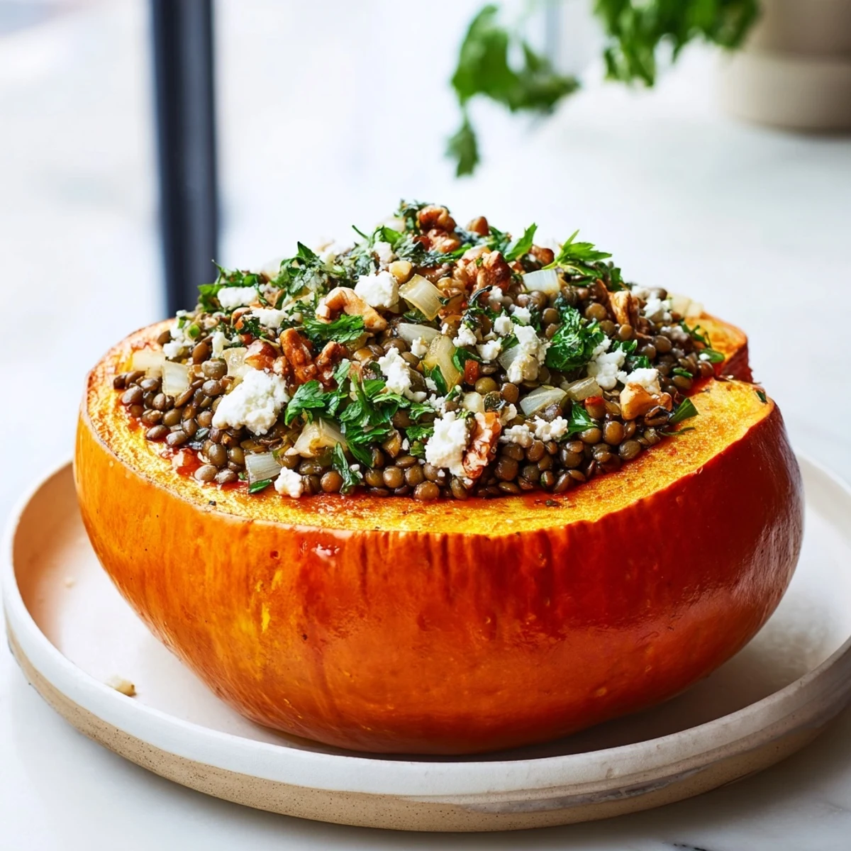 Golden acorn squash halves brimming with savory lentil & walnut filling, garnished with parsley.