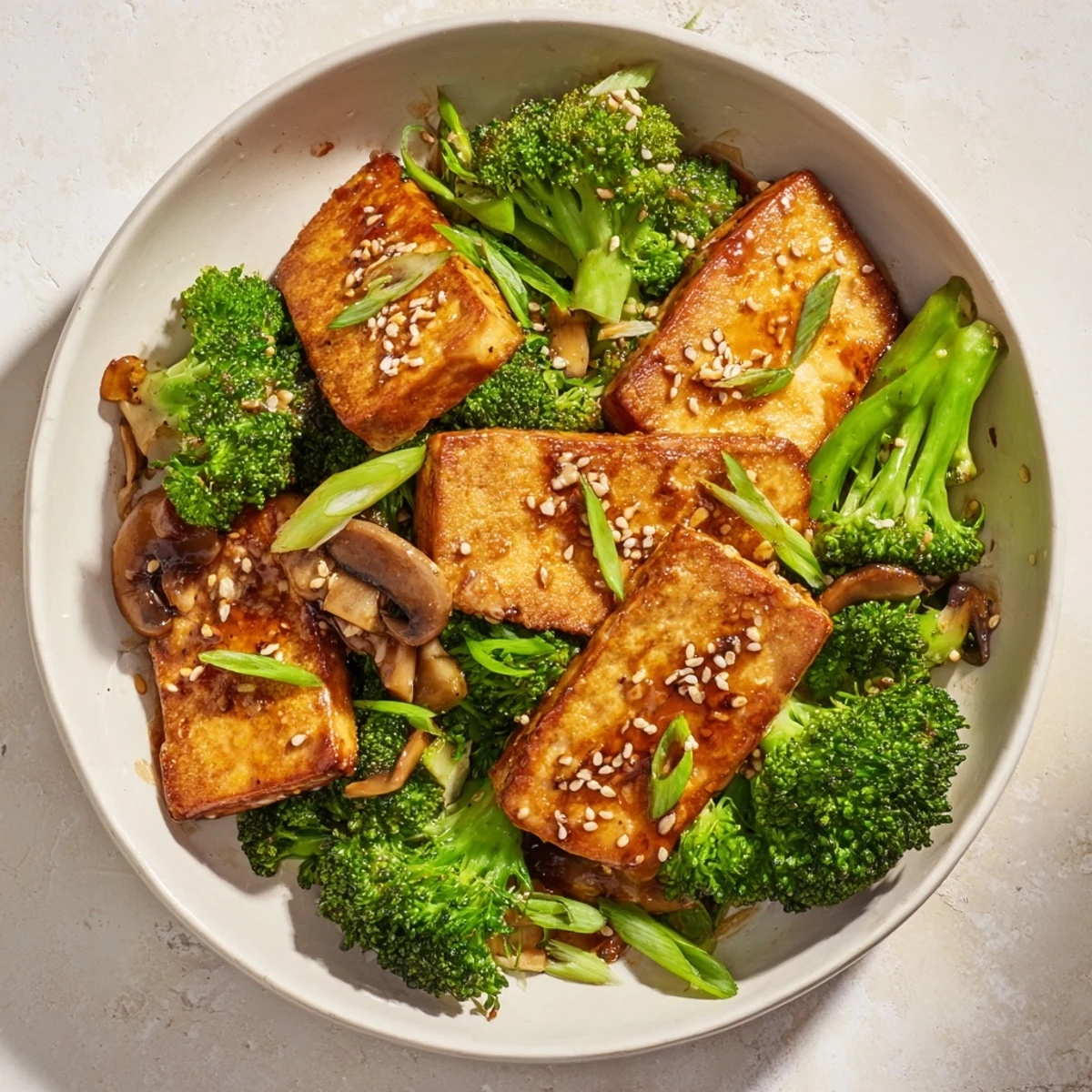 Golden, crispy Sautéed Tofu Steaks with vibrant greens and rich shiitake mushrooms, ready to eat.