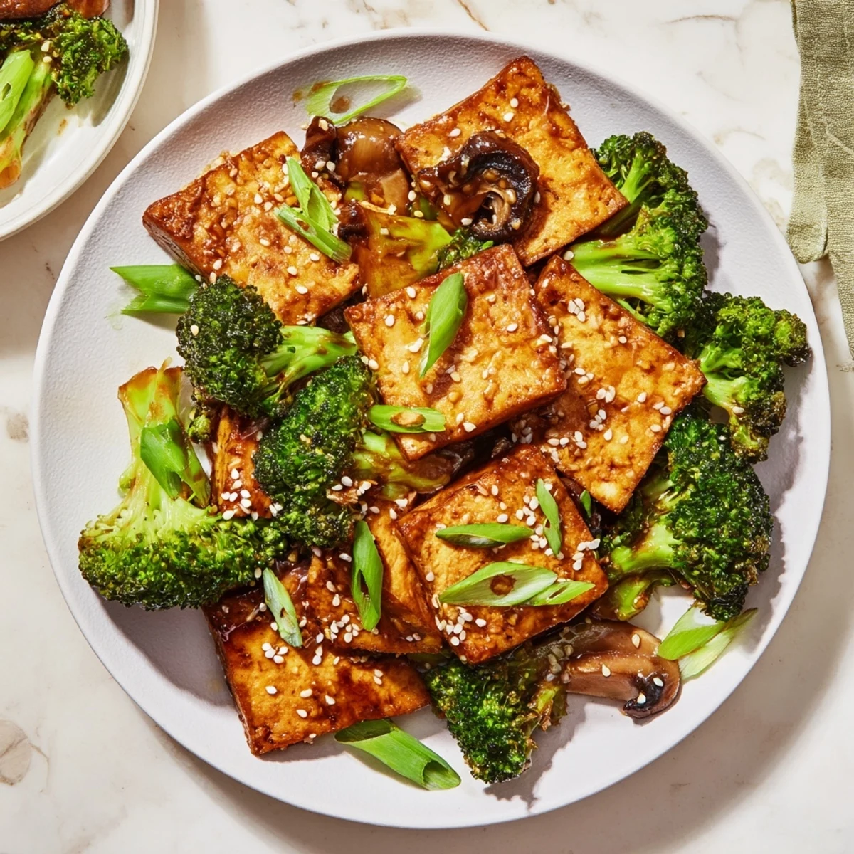 A visually appealing close-up of Sautéed Tofu Steak, glistening with a savory soy-garlic glaze.