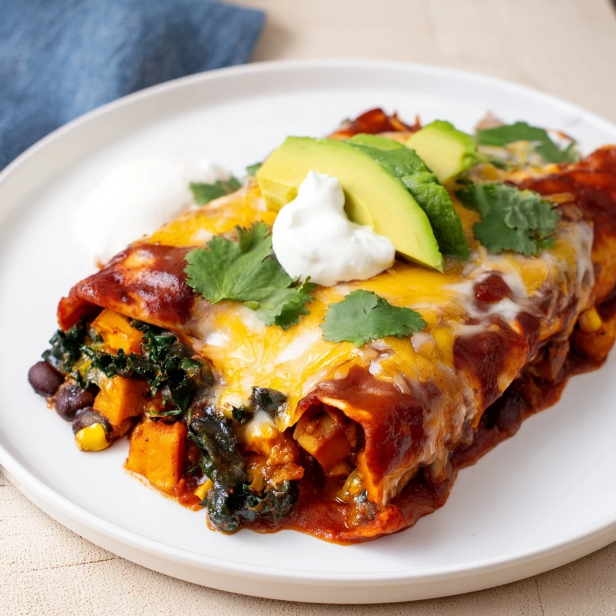 Enjoy a steaming plate of homemade One-Pan Sweet Potato, Black Bean & Kale Enchiladas, vibrant and delicious.