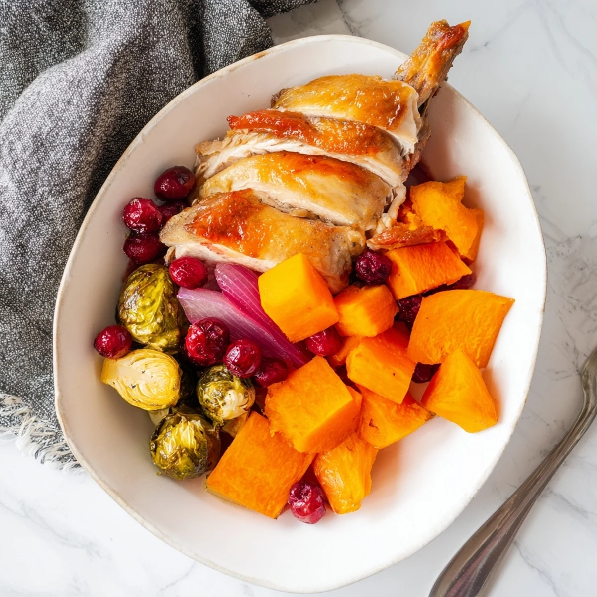 Gleaming sheet-pan roasted turkey breast with glistening cranberry glaze, alongside golden vegetables for a feast.