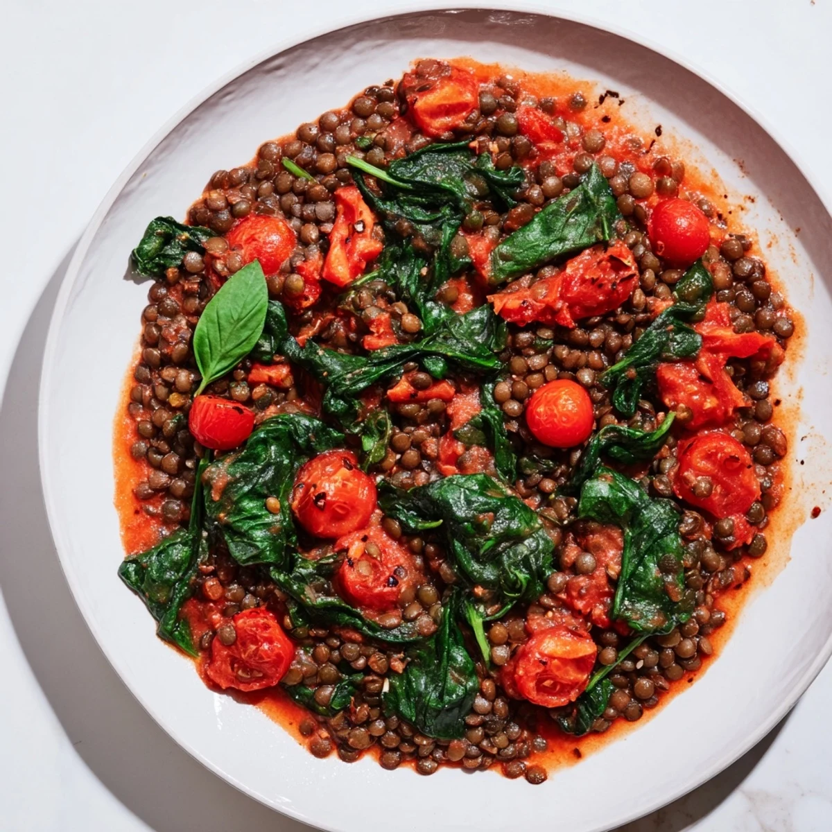 Savory Lentil-Tomato Skillet showcases tender lentils, juicy tomatoes, and a medley of Mediterranean flavors.