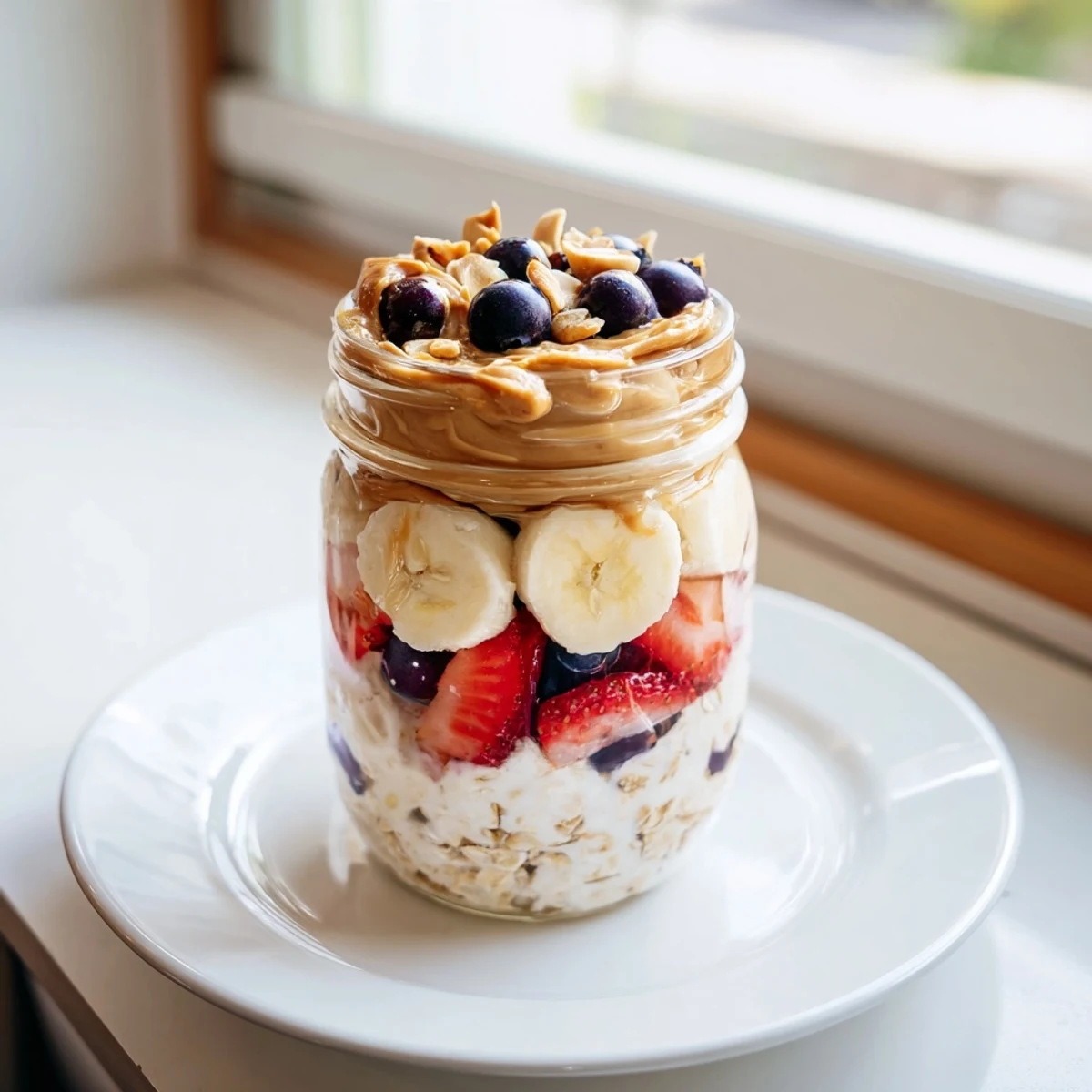 Creamy overnight oats jars layered with fruit, peanut butter, and ready for a delicious breakfast.