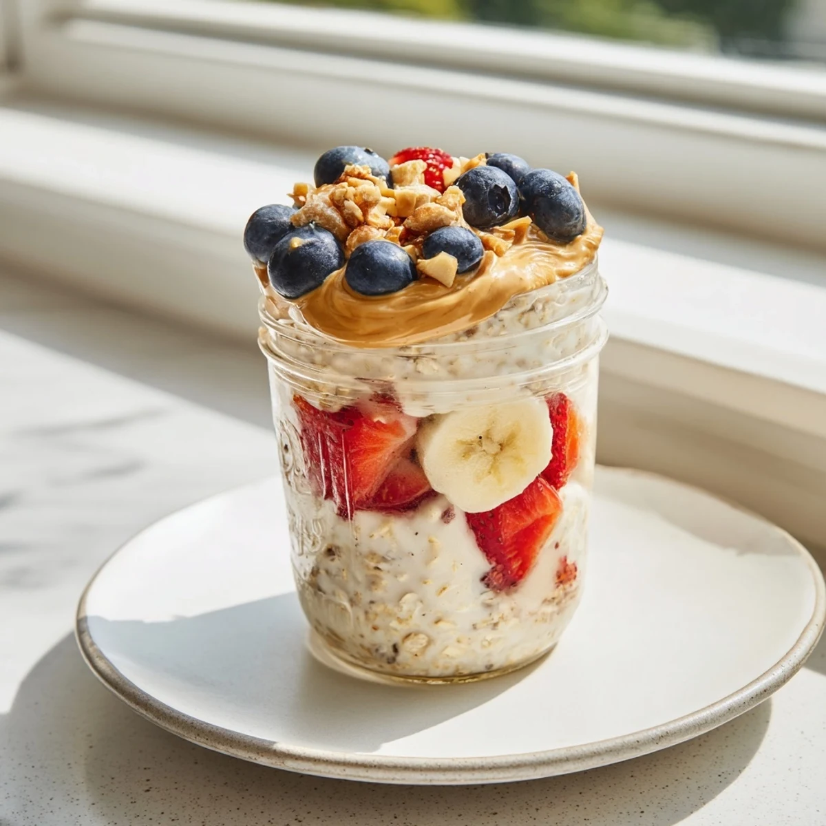 Freshly prepared overnight oats jars showcasing a healthy breakfast of oats, fruit, and peanut butter.