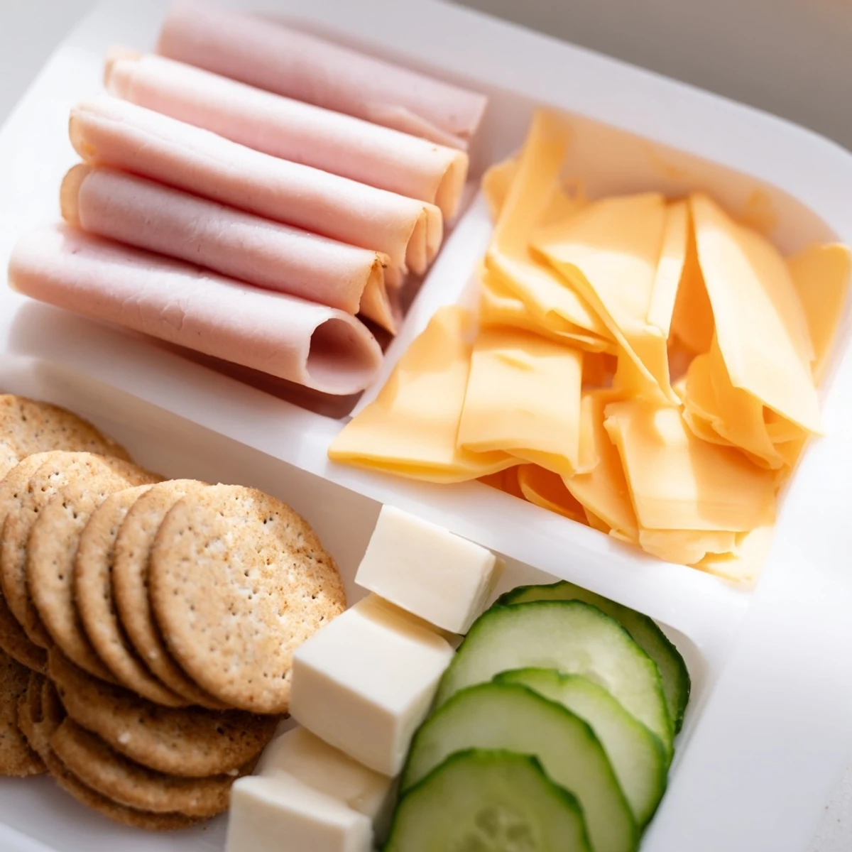 Colorful DIY Lunchables trays: featuring ham, cheddar, crackers, grapes, and a chocolate treat.
