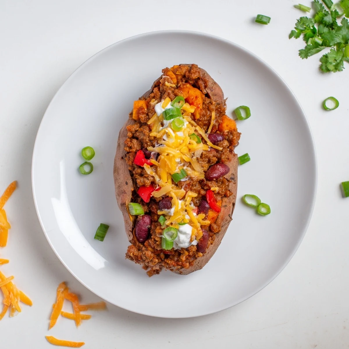 Steaming baked sweet potatoes brimming with homemade chili, topped with vibrant green onions and cheese.