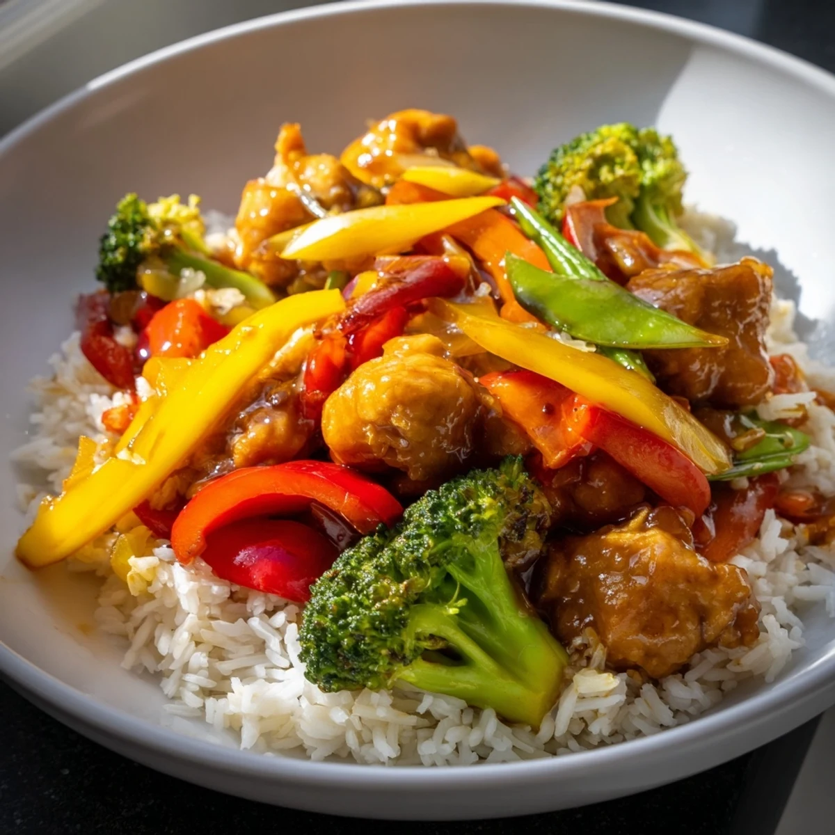 Tender chicken stir-fry with colorful vegetables and fluffy rice, ready to enjoy as a flavorful meal.