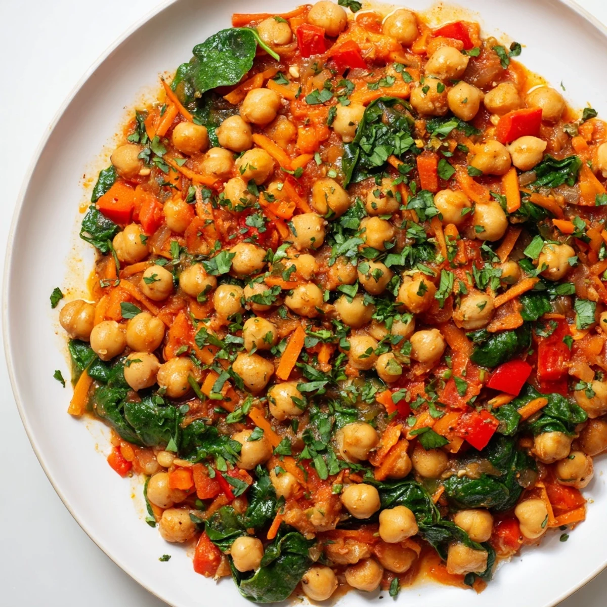 Vibrant Vegetarian Chickpea & Spinach Skillet, served in a skillet with parsley garnish, ready to enjoy.