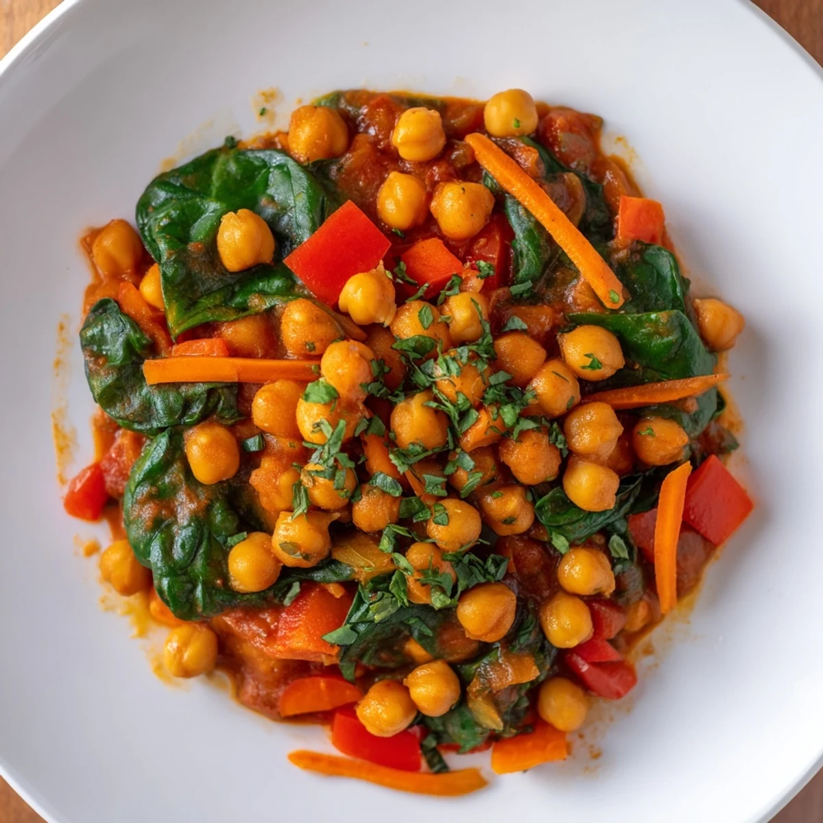 A warm, filling bowl of Vegetarian Chickpea & Spinach Skillet with steam rising, a wholesome and delicious meal.