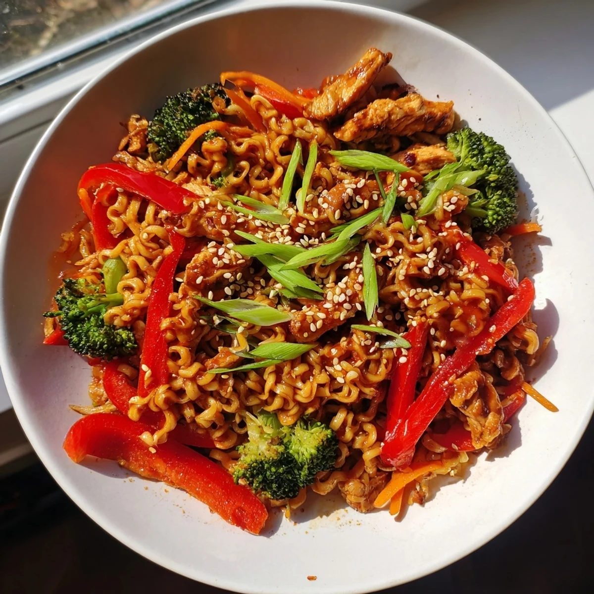 Get ready for dinner: Crispy ramen with chicken and colorful veggies, fresh from the oven, served immediately.