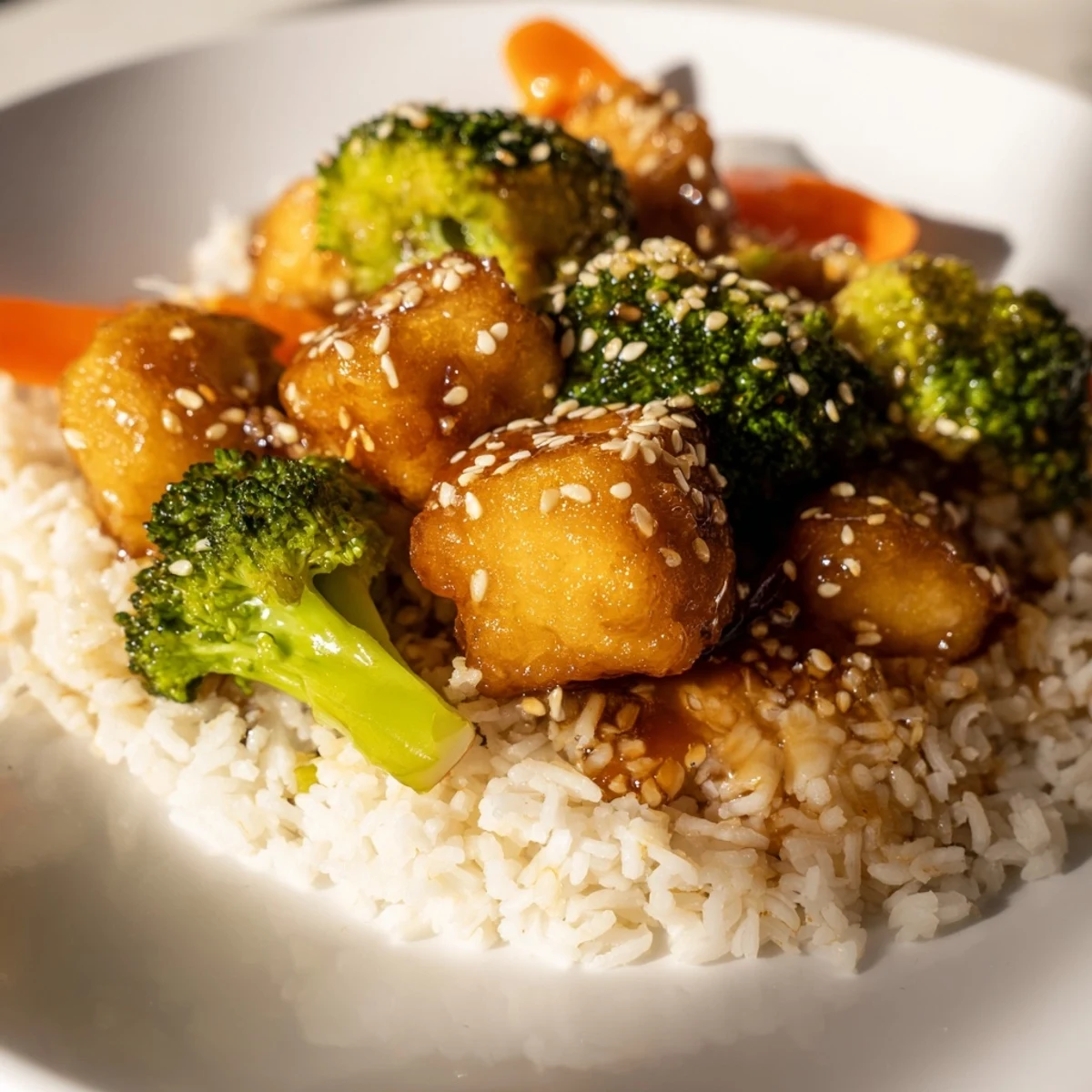 Crispy sesame tofu and broccoli with rice: a steaming bowl of Asian-inspired vegetarian delight.