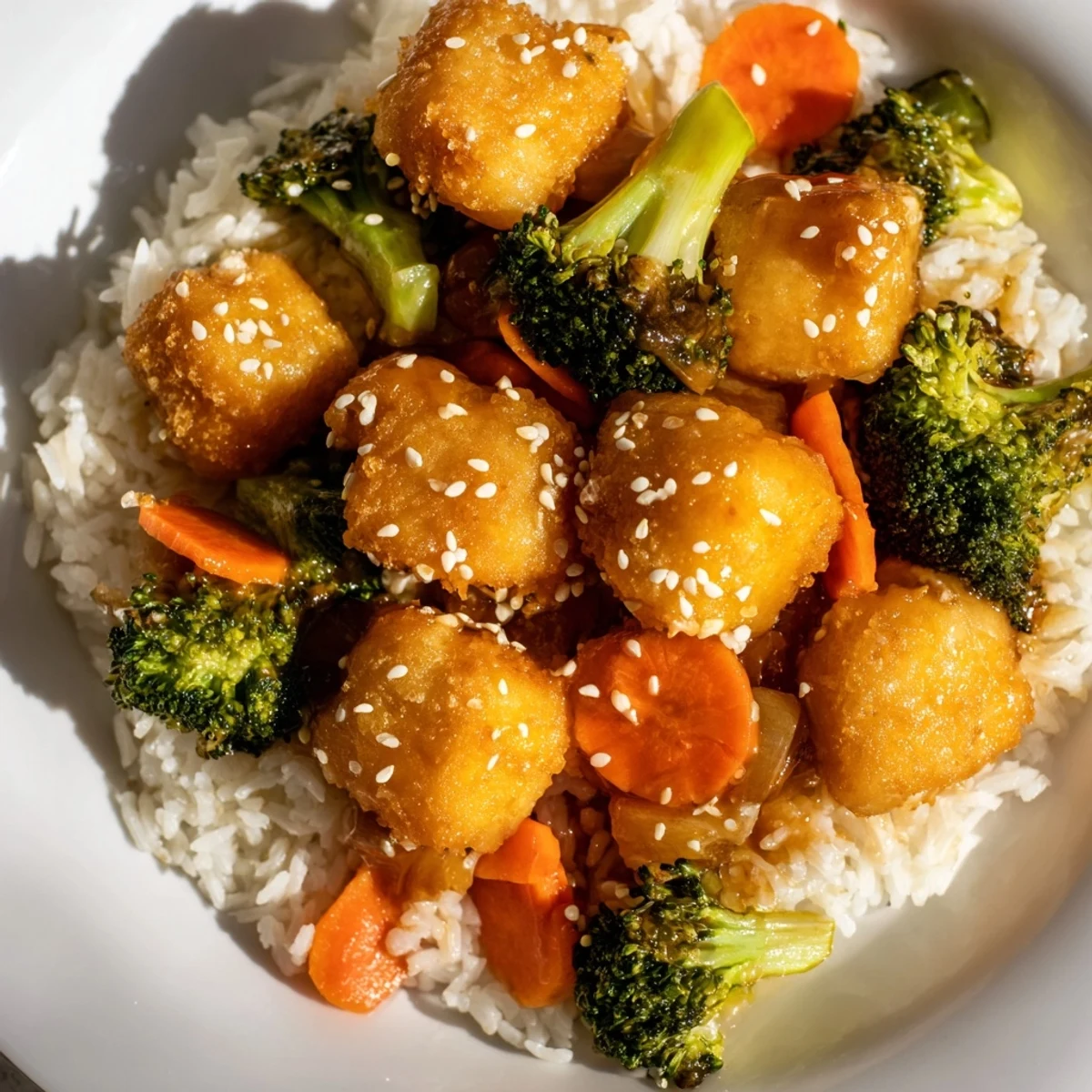 Golden cubes of sesame tofu and vibrant broccoli rest atop fluffy rice in this flavorful dish.