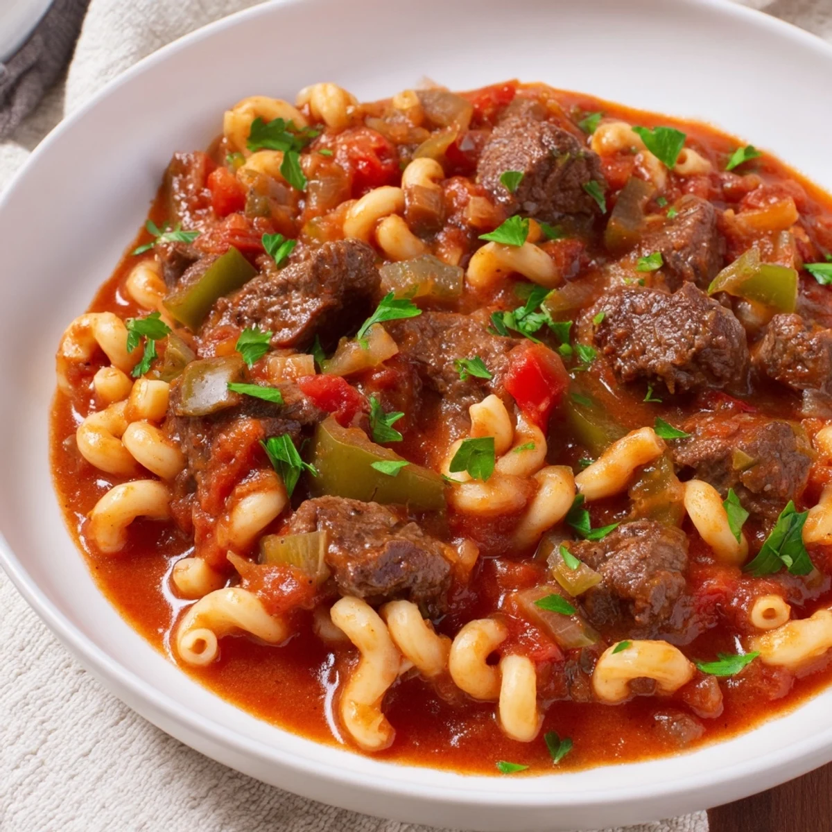 Hearty goulash with beef simmered with tomatoes, spices and elbow macaroni; a classic comfort food.