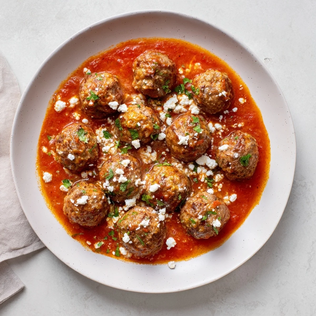 A close-up of steaming Instant Pot Greek Meatballs, showcasing the juicy texture and feta sauce.