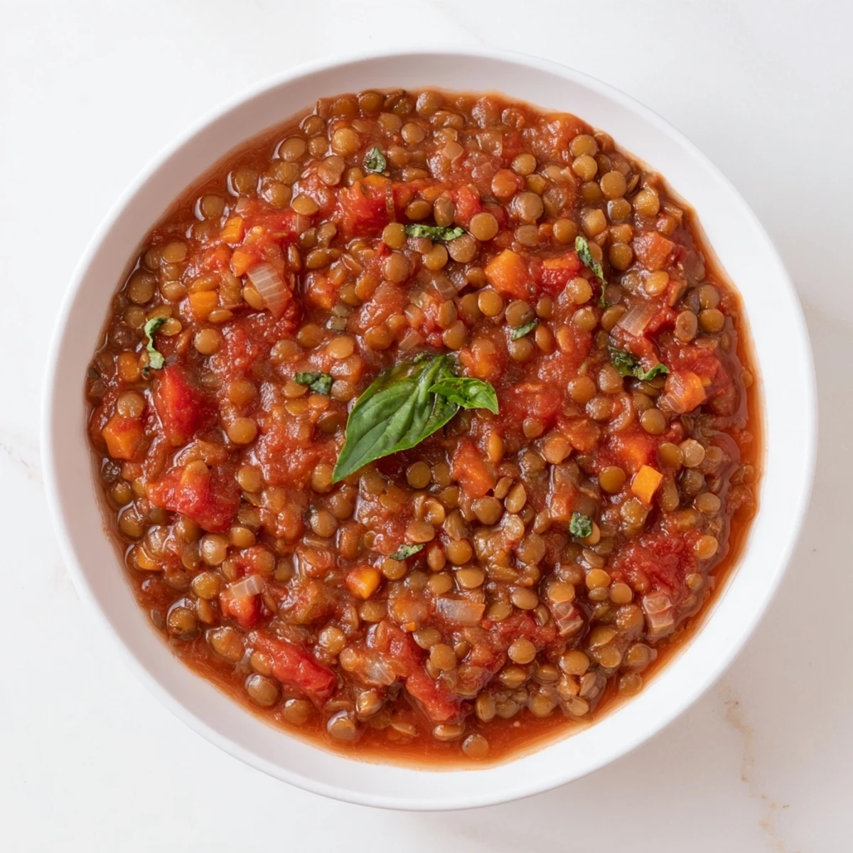 Creamy Tomato Basil Lentil Bolognese served over pasta, a vibrant vegan dish with fresh basil.