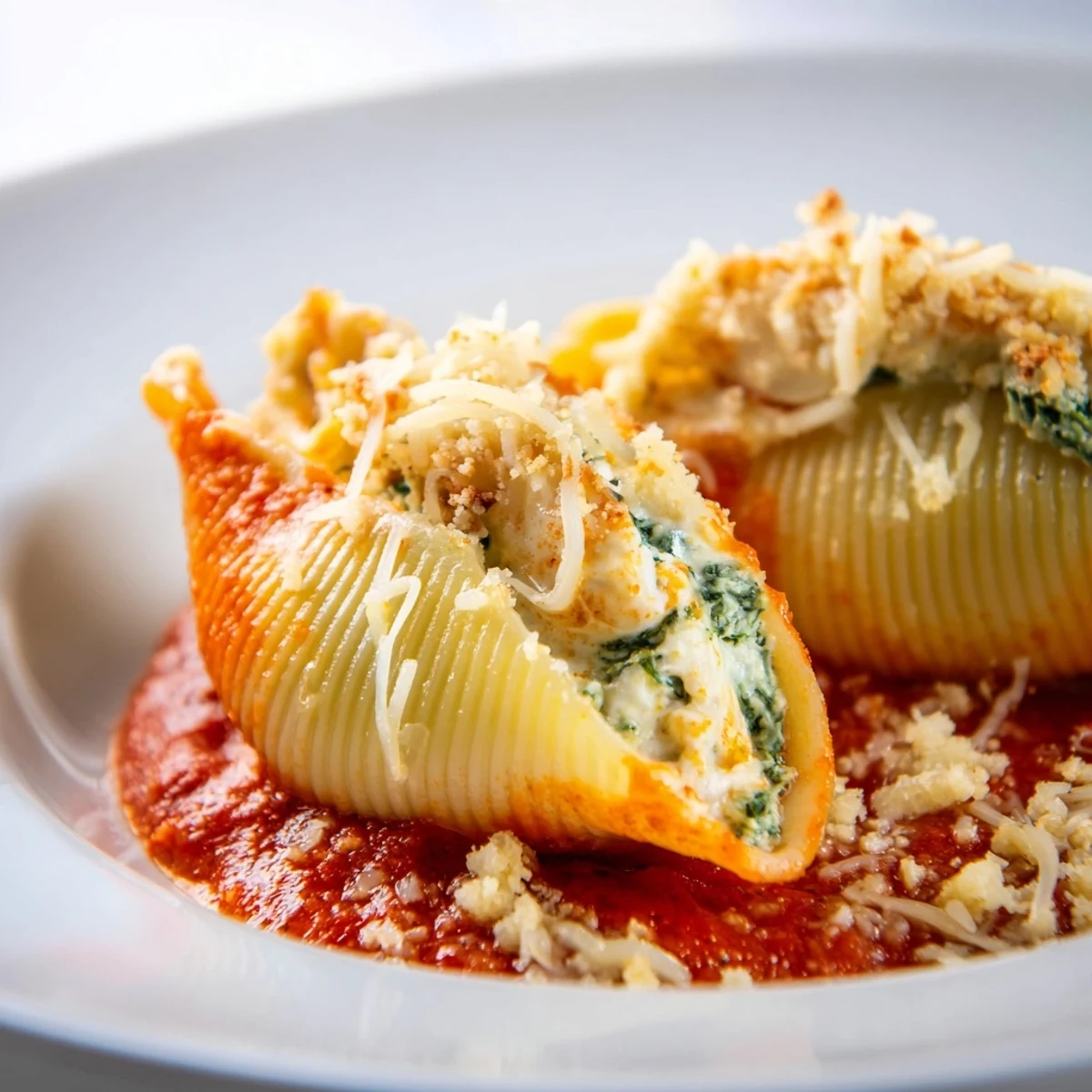Steaming baked Pesto and Ricotta Stuffed Shells, a vegetarian Italian comfort food, covered in melted cheese.
