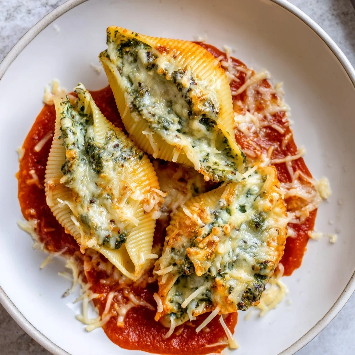 Creamy ricotta and pesto filling burst from pasta shells in this savory baked dish.