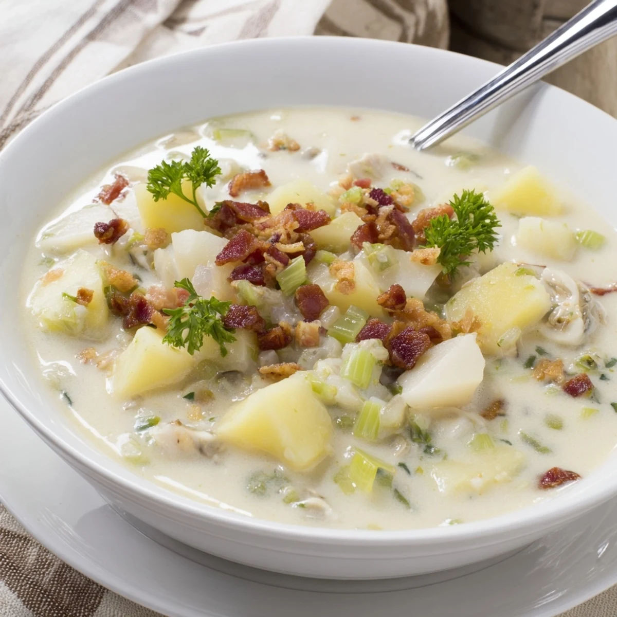 Creamy New England Clam Chowder with visible bacon bits and parsley garnish, served in a bowl.