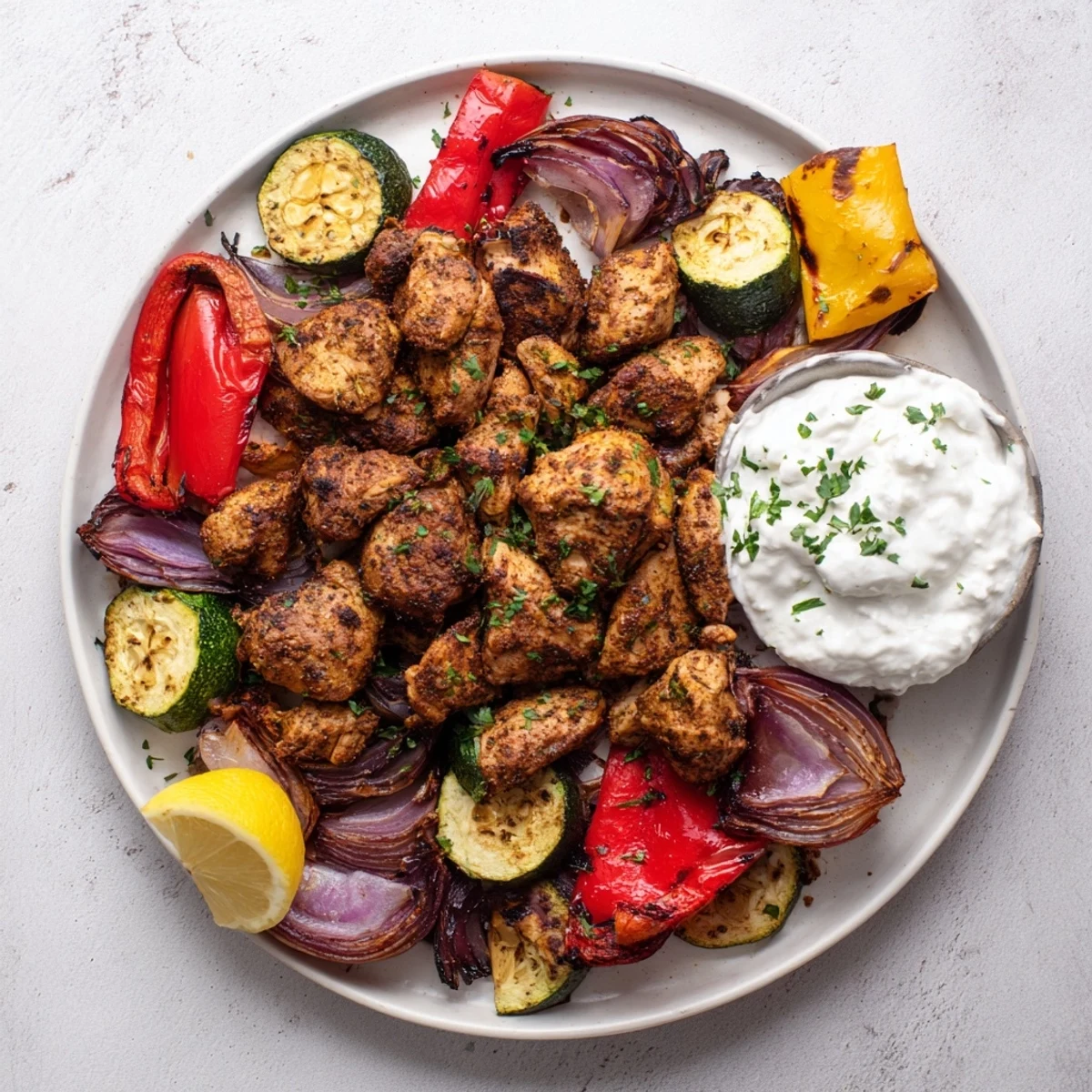 Sheet Pan Chicken Shawarma: golden-brown chicken and roasted vegetables served with pita bread.