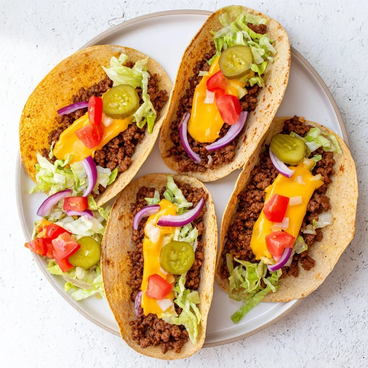 Golden-brown cheeseburger tacos overflowing with seasoned beef, cheddar, and fresh toppings, ready to eat!