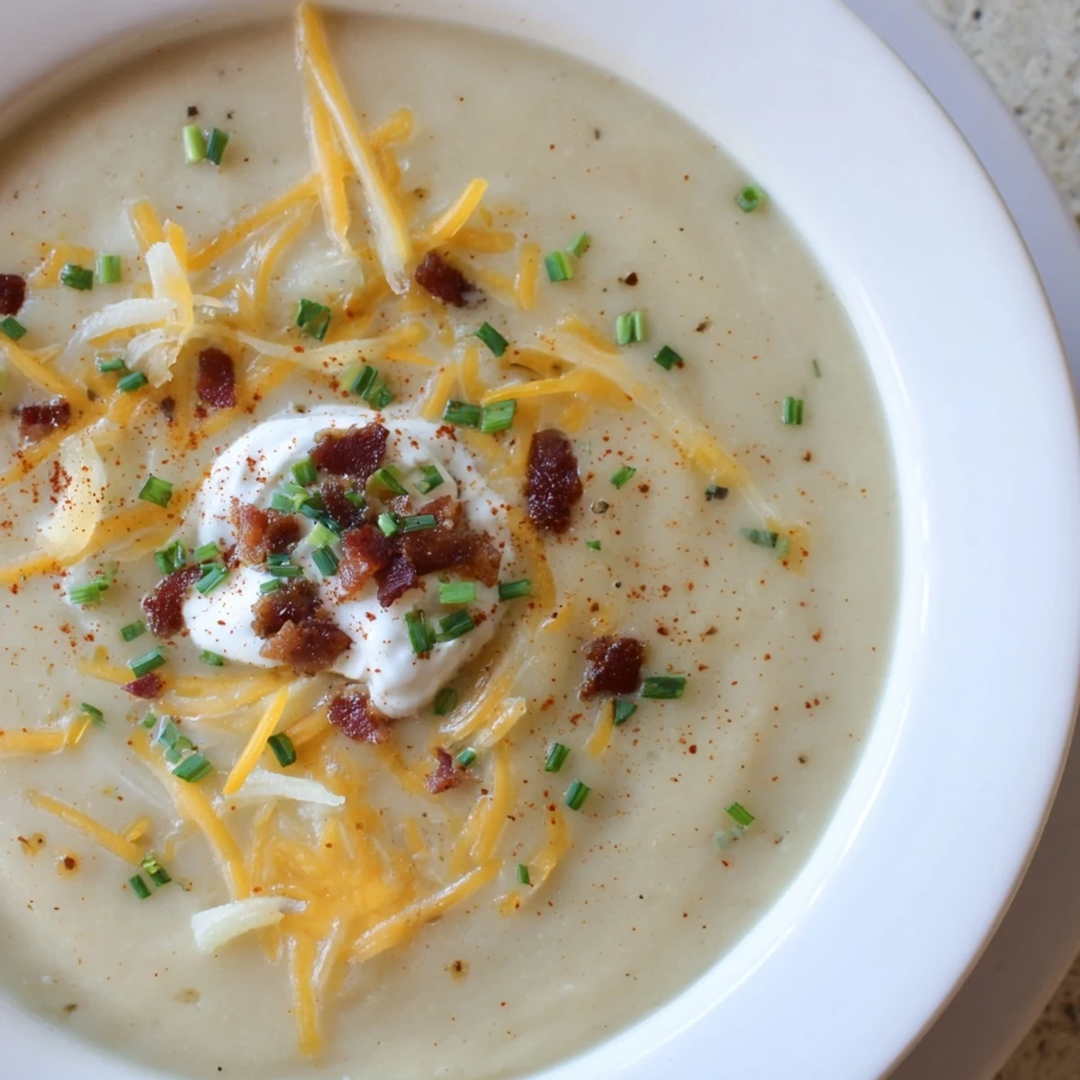 Creamy, comforting The Ultimate Baked Potato Soup, thick with mashed potatoes and topped with crisp bacon bits.