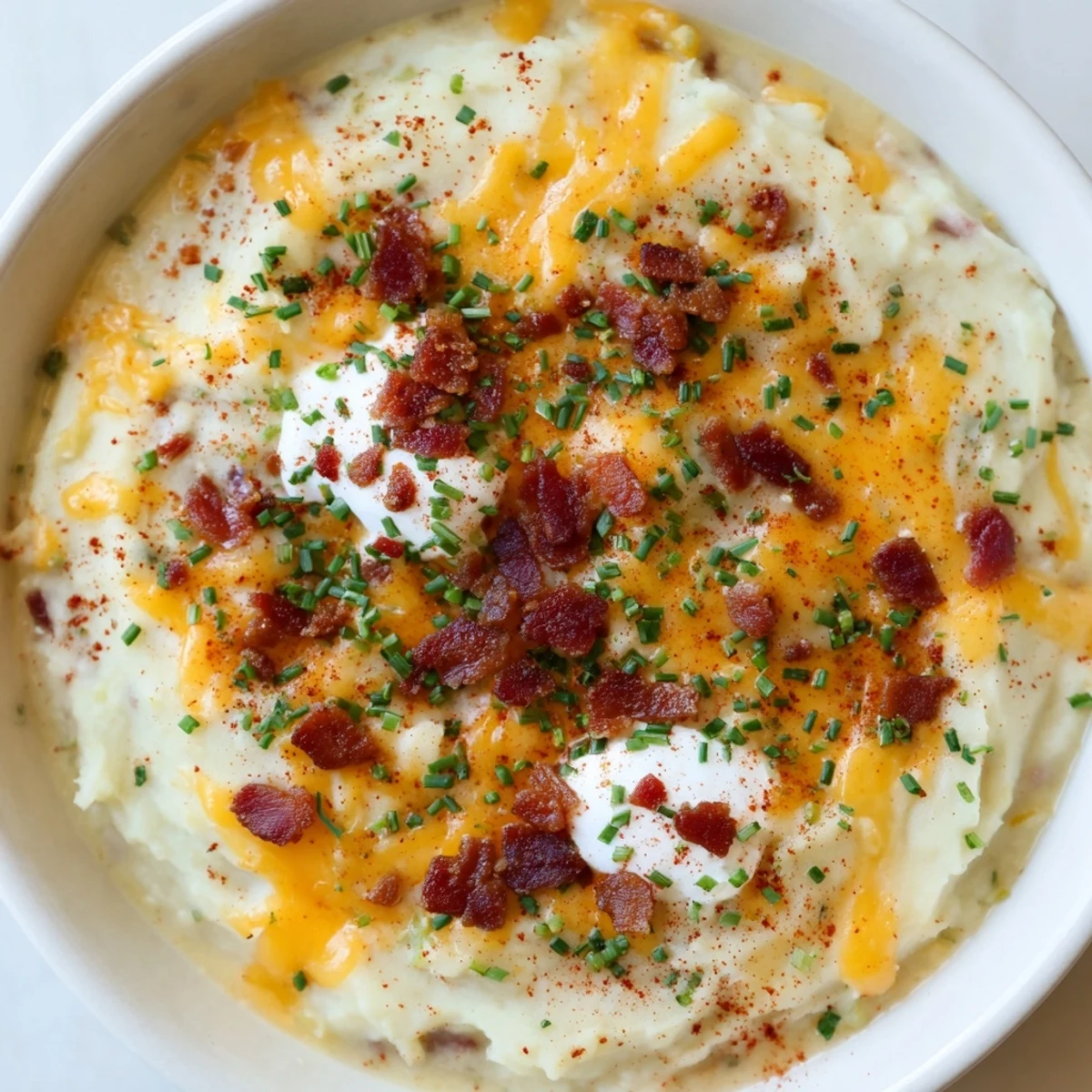 A warm, bubbling bowl of The Ultimate Baked Potato Soup, ready to be garnished with fresh chives.