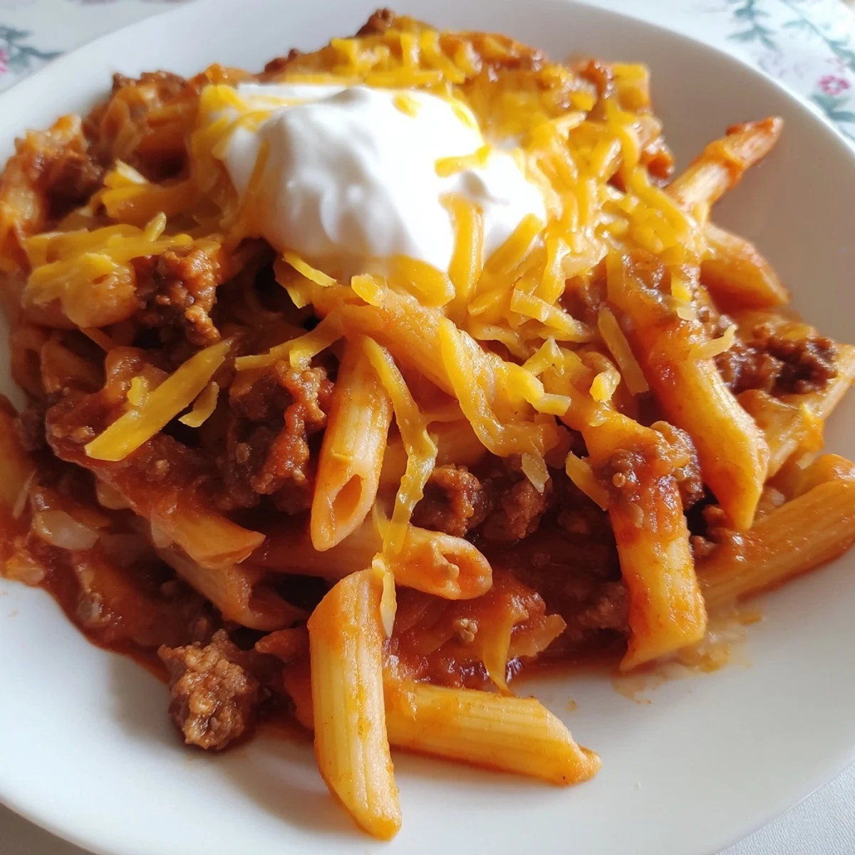 A close-up of cheesy Easy Beef Enchilada Pasta, showing the rich red sauce and tender pasta.