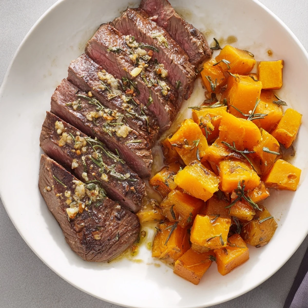 Golden-brown roasted butternut squash and savory steak star in these delicious bowls.