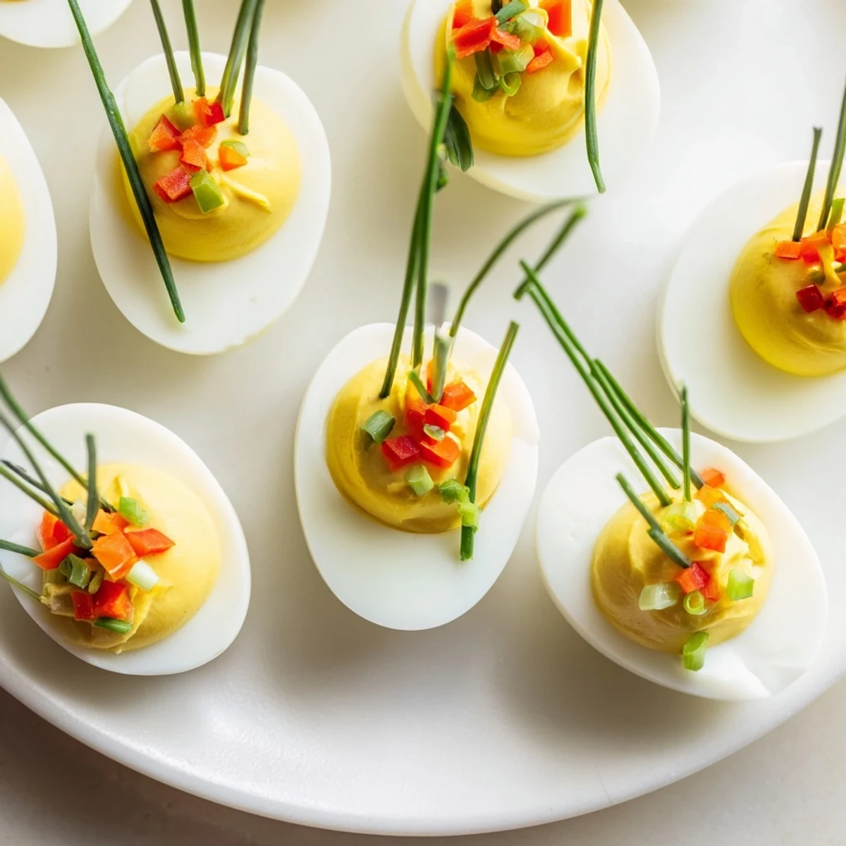 Brightly colored deviled egg ornaments, a delicious vegetarian appetizer made with fresh dill & peppers.