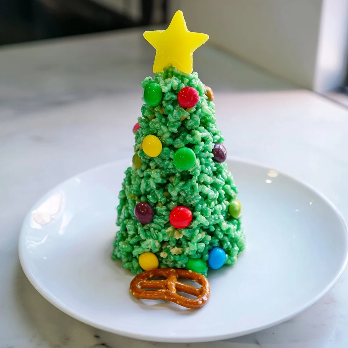 Festive Christmas Tree Rice Crispy Treats, green and covered in colorful candy decorations, ready to eat.